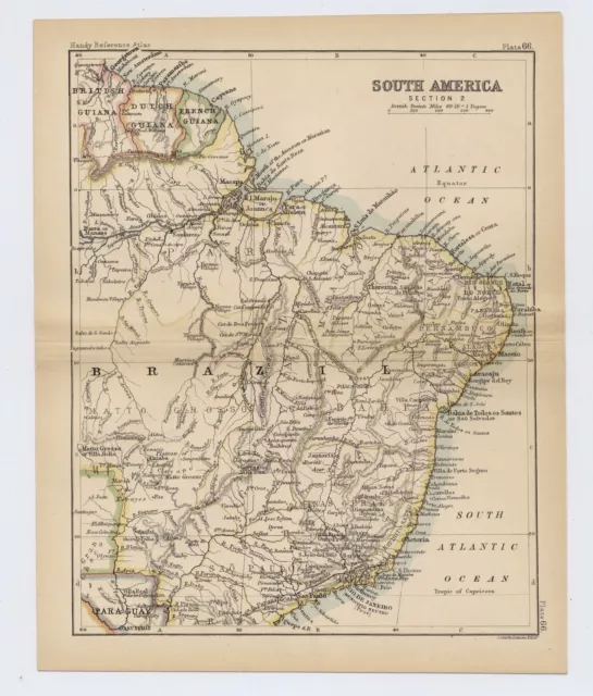 1888 Original Antique Map Of Brazil / South America