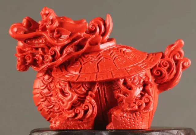 Chinese natural cinnabar red jade hand-carved dragon tortise pendant 2.2 inch