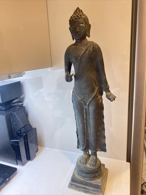 Antique “Huge” Thai Bronze Patina Seated Buddha Statue Figure 23.5” Tall