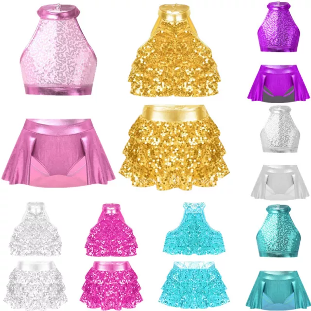 Abito da ballo jazz sequie per bambine balletto con gonna costume spettacolo palcoscenico