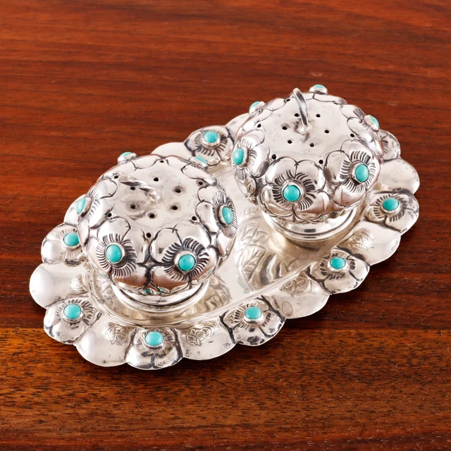 Mexican Sterling Silver Turquoise Salt & Pepper Shakers Tray Fluted Florals