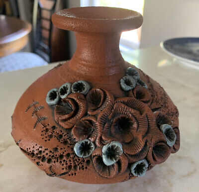 terra cotta clay pottery vase sculpted turquoise color flowers handmade signed