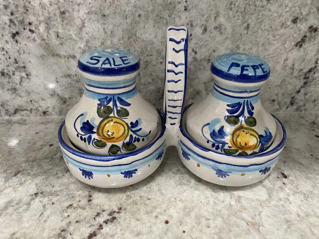 Deruta Italian Firenze Pottery Salt And Pepper Set with Caddy Made In Italy