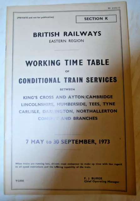 BR (ER) Working Timetable Freight Sect K (East Coast Main Line)  1973