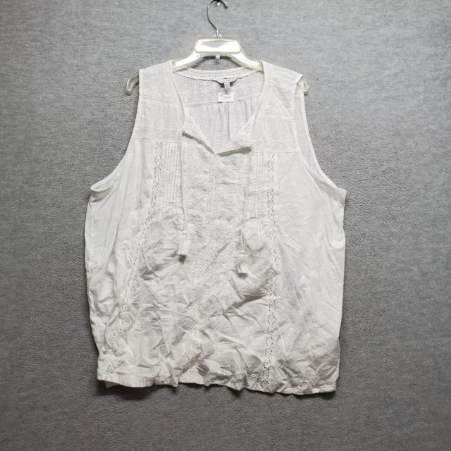 Lucky Brand Women Top 3X White Floral Blouse Boho Crochet Tasseled Sleeveless