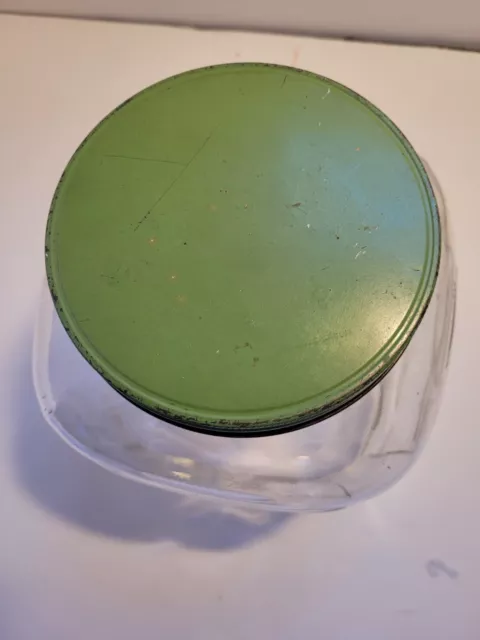 VTG Hoosier Style Jar 1 Gallon Storage Canister Square Glass  Green Lid.