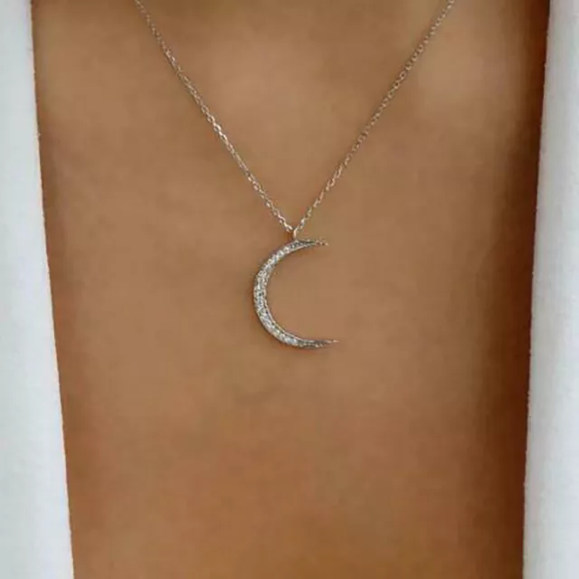 Moissanite 925 Silver 20mm Crescent Moon Charm Pendant In White With 18" Chain 2