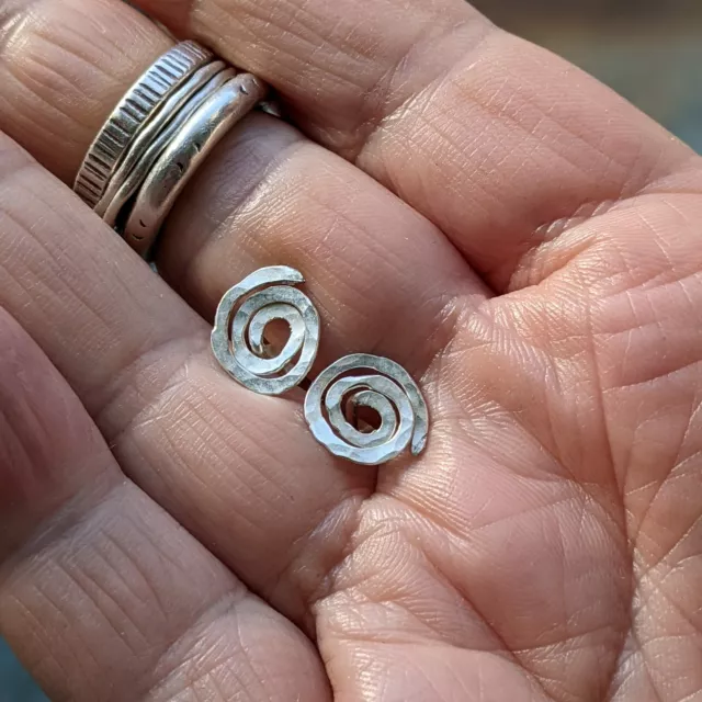 925 Spiral Stud Earrings Quirky Hammered Tribal UK Handmade Sterling Silver Boho
