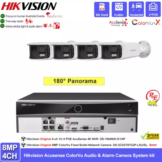 Hikvision 4K 4CH CCTV Security Camera System Outdoor 8MP 180° Panoramic ColorVu