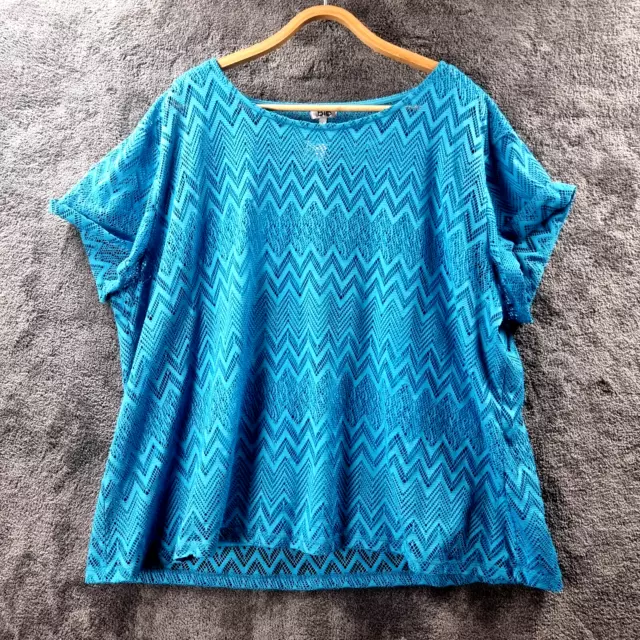 BIB Womens Top Plus Size L Blue Lace Stretch Knit Short Sleeve Round Neck Casual
