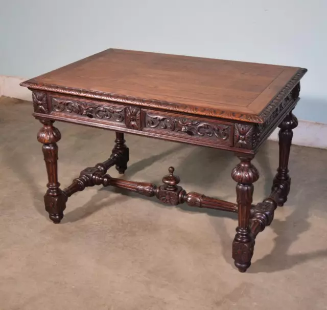 Antique French Desk/Library Table in Solid Oak Wood With Carved Faces