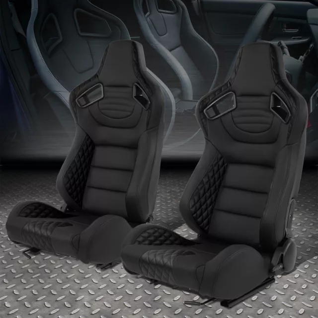 Pair of Universal Black Vinyl Adjustable Reclinable Racing Seats w/ Sliders