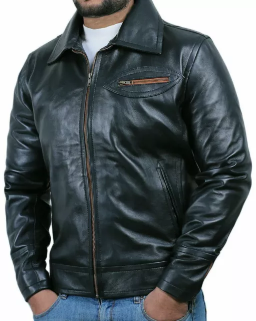 Nuovo Uomo Nero Pelle Giacca 100% Morbida D'Agnello Nappa Moto Biker