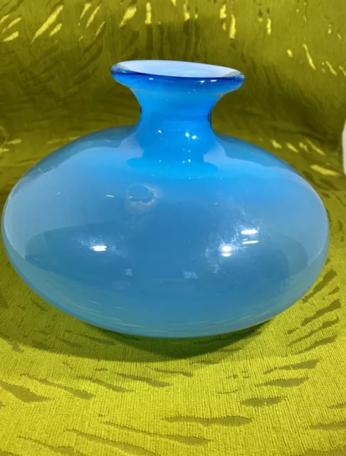 Mid Century Cased Glass Blue Vase Hand Blown Art Glass Milky White Interior
