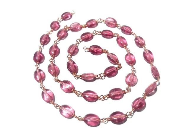 10 Feet Pink Tourmaline Quartz Oval 5x7mm Hydro Beads Rosary Rose Gold Wire