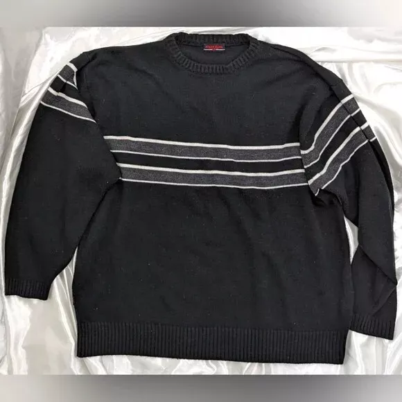 Koman Jeans Men's US 3XL Big &Tall Black Striped Long Sleeve Thick Knit Sweater