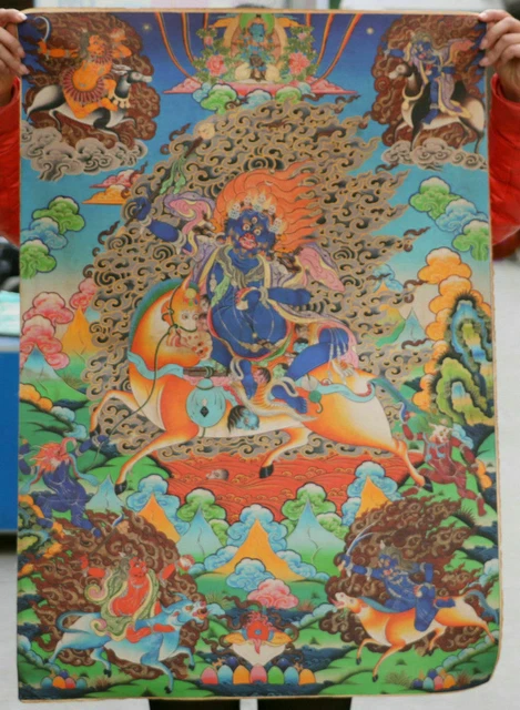 36" Tibet Paper Thangka Palden Lhamo Mahakala Wrathful Deity Painting Mural N