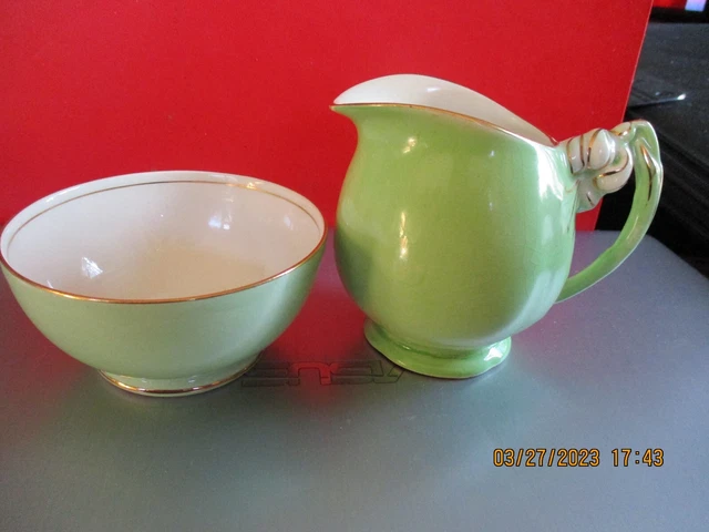 Royal Winton Grimwades Vintage Pale Green Sugar Bowl & Milk Jug Gold Rim - Used