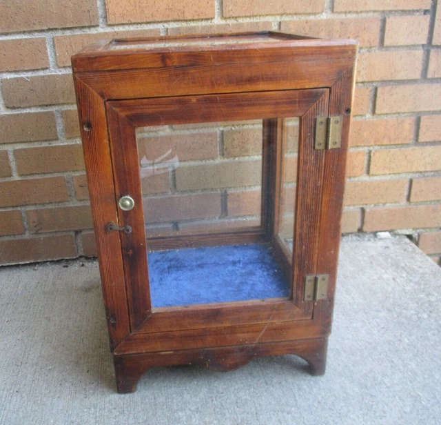 Antique Oak Display Cabinet glass general store countertop w blue velvet insert