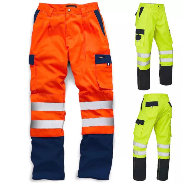 Mens Hi Vis Viz Plain & 2 Tone Polycotton Safety Work Trousers EN471 CLASS 1