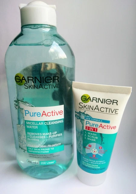 NEW! Garnier Pure Active 3 in 1 Clay Wash Scrub Mask 50ml + Micellar Water 400ml