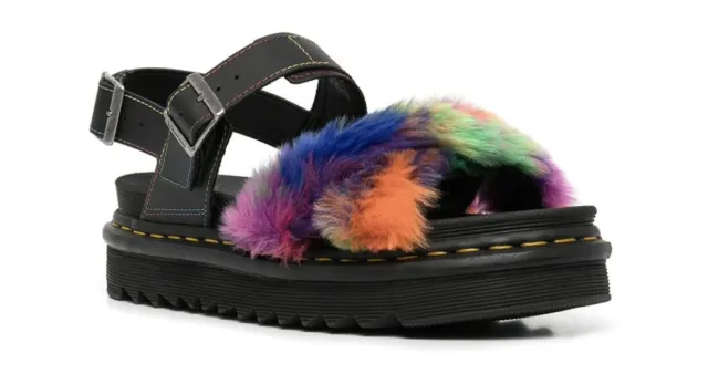 Dr Marten Voss 2 Fluffy Women Faux Fur Sandal Black Multicolor Fashion Shoe