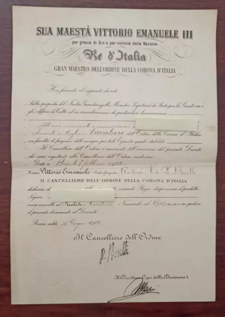 Attestato 1922 Vittorio Emanuele Iii Nomina Cavaliere Dell'ordine Della Corona
