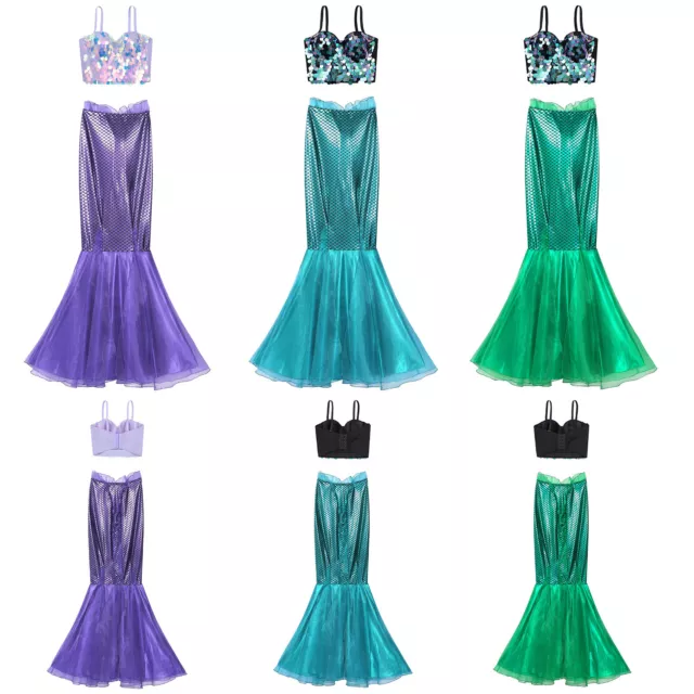 Womens Outfit Fishtail Mermaid Costumes Belly Dancing Uniform Bustier Skirt Set