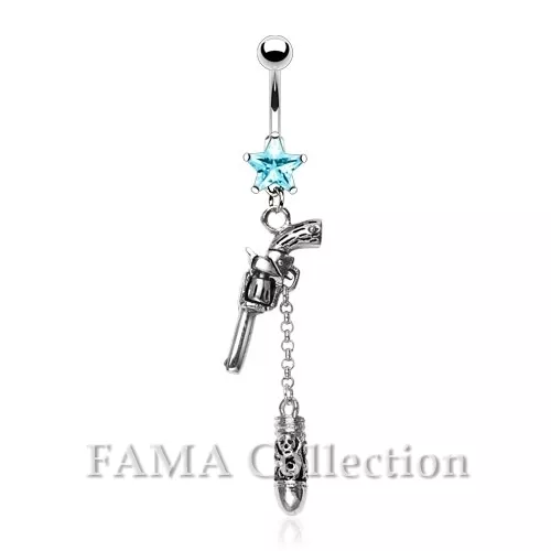 FAMA Gun & Skull Carved Bullet Dangle with 316L Surgical Steel Navel Belly Ring