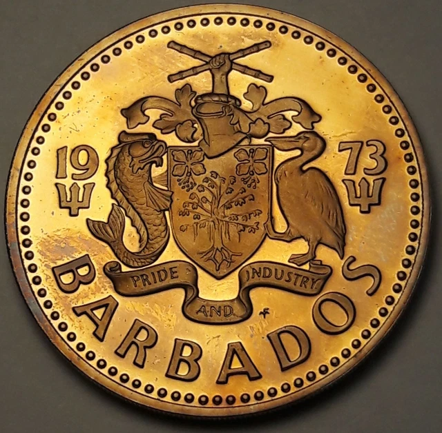 1973 Barbados Two 2 Dollars Proof Unc Beautiful Golden Color Toned Gem Bu (Ss)
