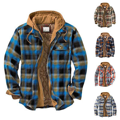 Mens Warm Shirt Jacket Quilted Lined Plaid Flannel Shirt Hooded Coat Sweatshirts