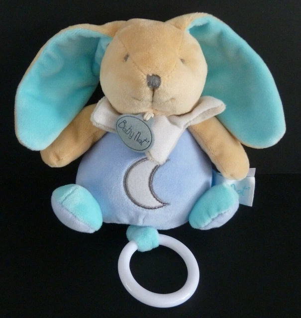 88/2. Doudou Boule Musical Baby Nat Lapin Bleu Lune Luminescent Gris Blanc Neuf*