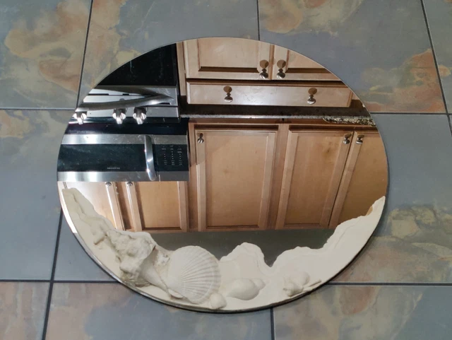 Vintage 80s Beach House Sea Shells 30" Round Mirror Artist Dina Vintage 80s Beach House Sea Shells 30" Round Mirror Artist Dina