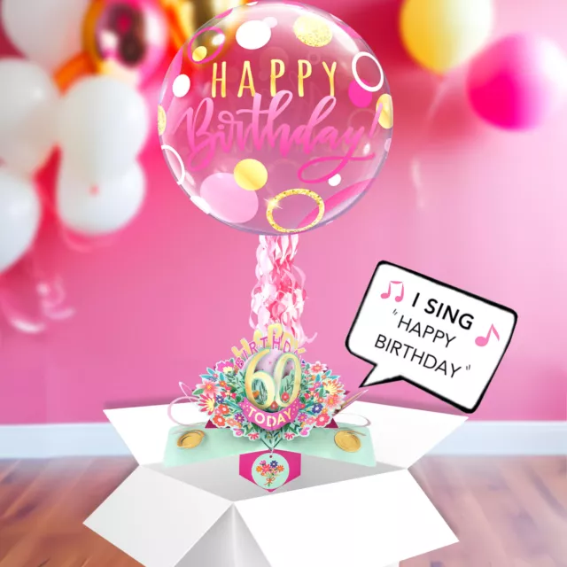 60th Birthday Pop Up Card & Musical Balloon Surprise Delivered In A Box For Her