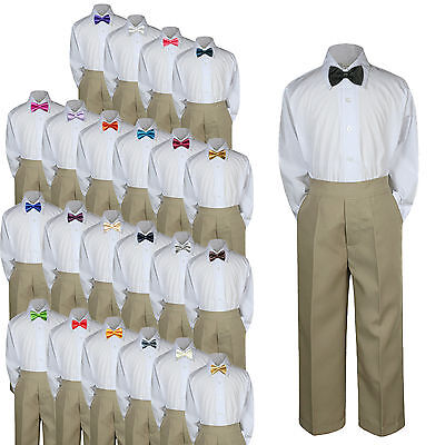 Boys Kid Teen Wedding Formal 3pc Set Shirt Khaki Pants Bow Tie Suits Uniform S-7