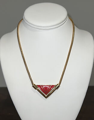 Red enamel pendant Necklace Gold Tone Snake Chain Painted VNTG 80s Collar
