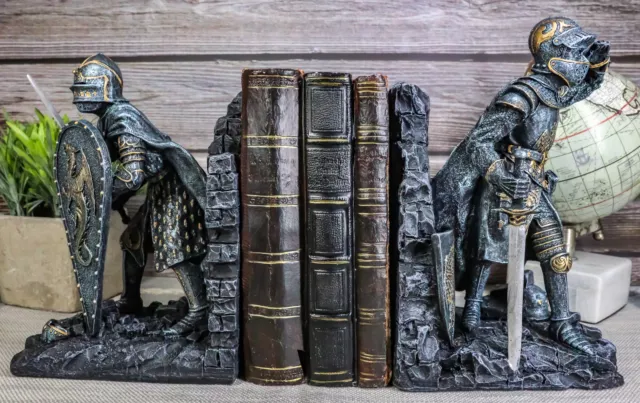 Medieval Dragon Heraldry Knight Bookends Statue 8"Tall Set Suit Of Armor Knights