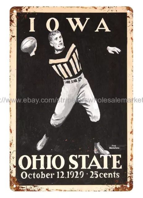 1929 football Ohio State vs Iowa Program metal tin sign shop kitchen rustic post