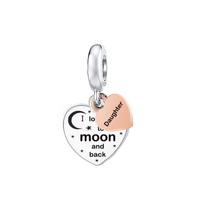 Daughter I Love You To The Moon And Back Dangle Heart Charm Sterling Silver 925