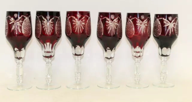 6er Satz Weinglas Kristall  rubinroter Überfang, geschliffen,   Böhmen 18,0 cm