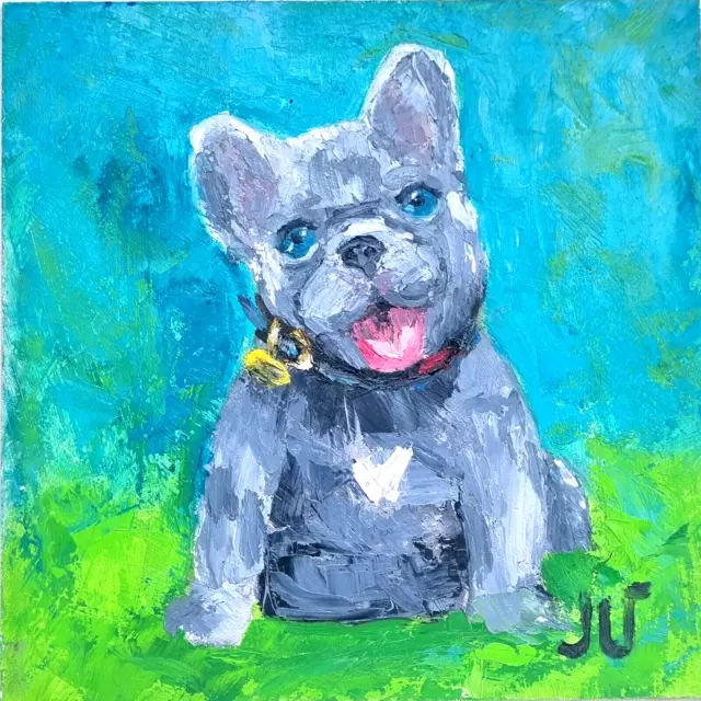 Oil Painting French Bulldog Cute Dog Pet Portrait Painting 8x8 in