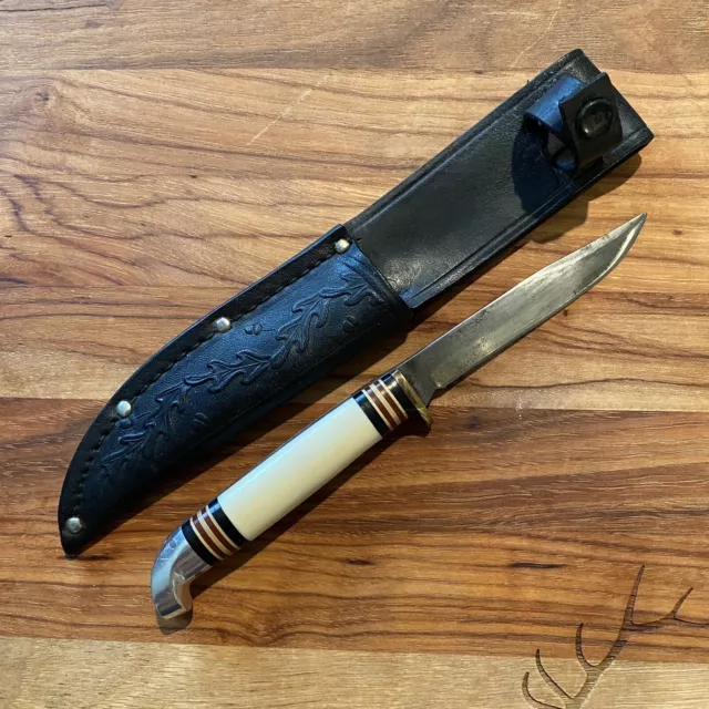 Vintage Western Fixed Blade Hunting Knife MOP Abalone with Leather Sheath