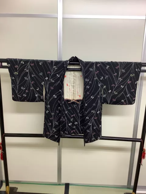 Japanese Vintage Kimono Haori Jacket pure silk black Front string Height 31inch