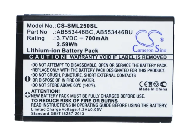 700mAh Battery For Samsung Champ;SGH-L250;Player Mini;P/N AB553446BC;AB553446BU