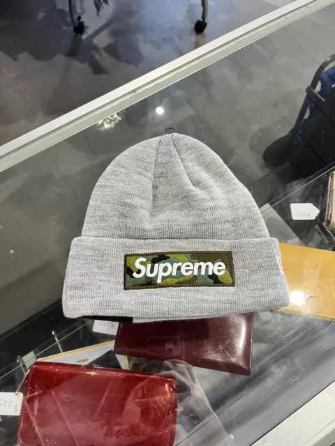 Supreme New Era Box Logo Beanie Heather Grey FW23 New With Tags