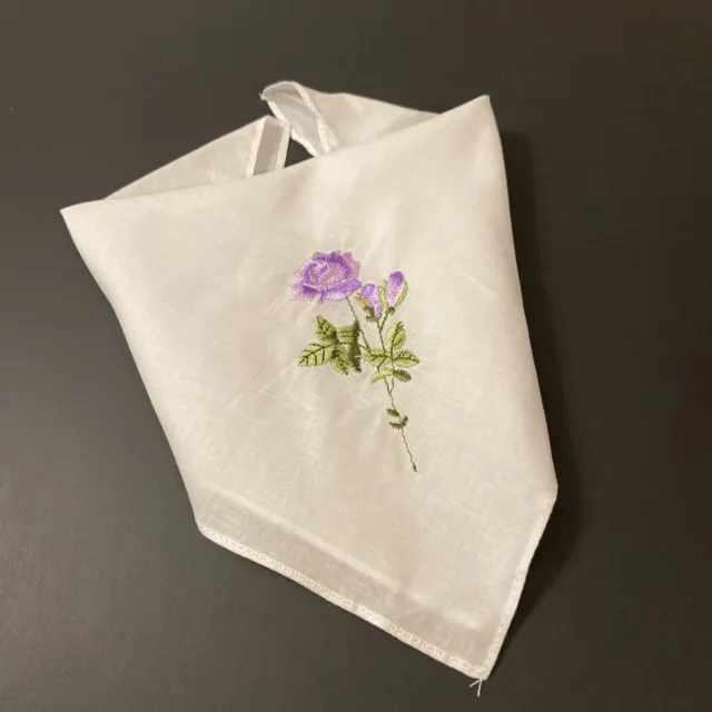Purple Rose Flower Handkerchief With Green Accent 11x11 Dark Light Purple Cotton