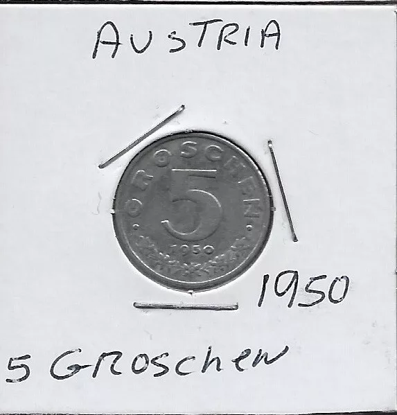 Austria 5 Groschen 1950 Vf Imperial Eagle With Austrian Shield On Breast,Ho