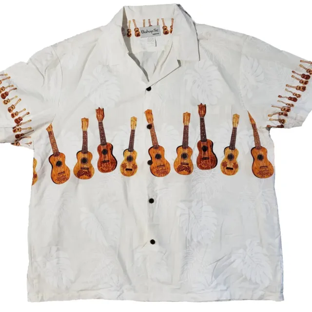 Bishop St. Hawaiian Shirt Mens 3XL Ukulele Print Made in Hawaii Cotton