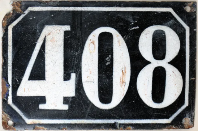 Large old black French house number 408 door gate plate plaque enamel metal sign