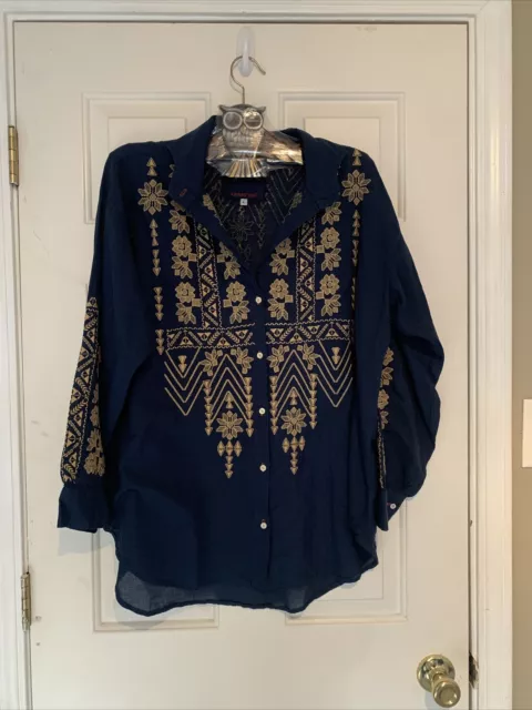 Johnny Was Top Tee Shirt Blue Embroidered Sheer Size Large